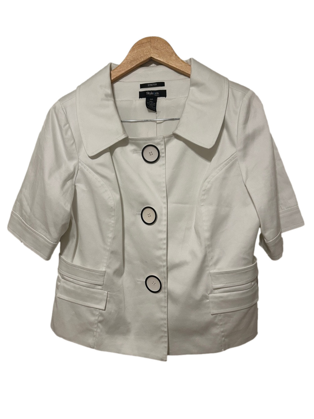 🎼Style & Co. White Short-Sleeve Button Blazer size 12P GUC